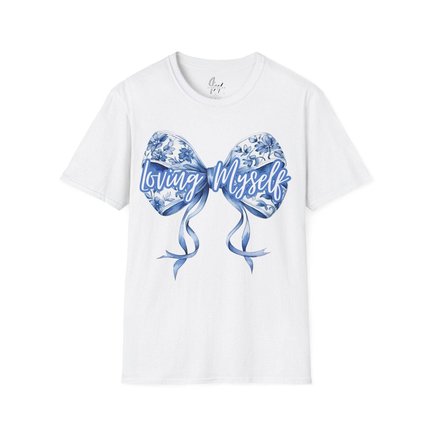 White crew neck t-shirt with blue floral bow graphic and 'Loving Myself' text, promoting self love and mental health awareness in women's clothing.