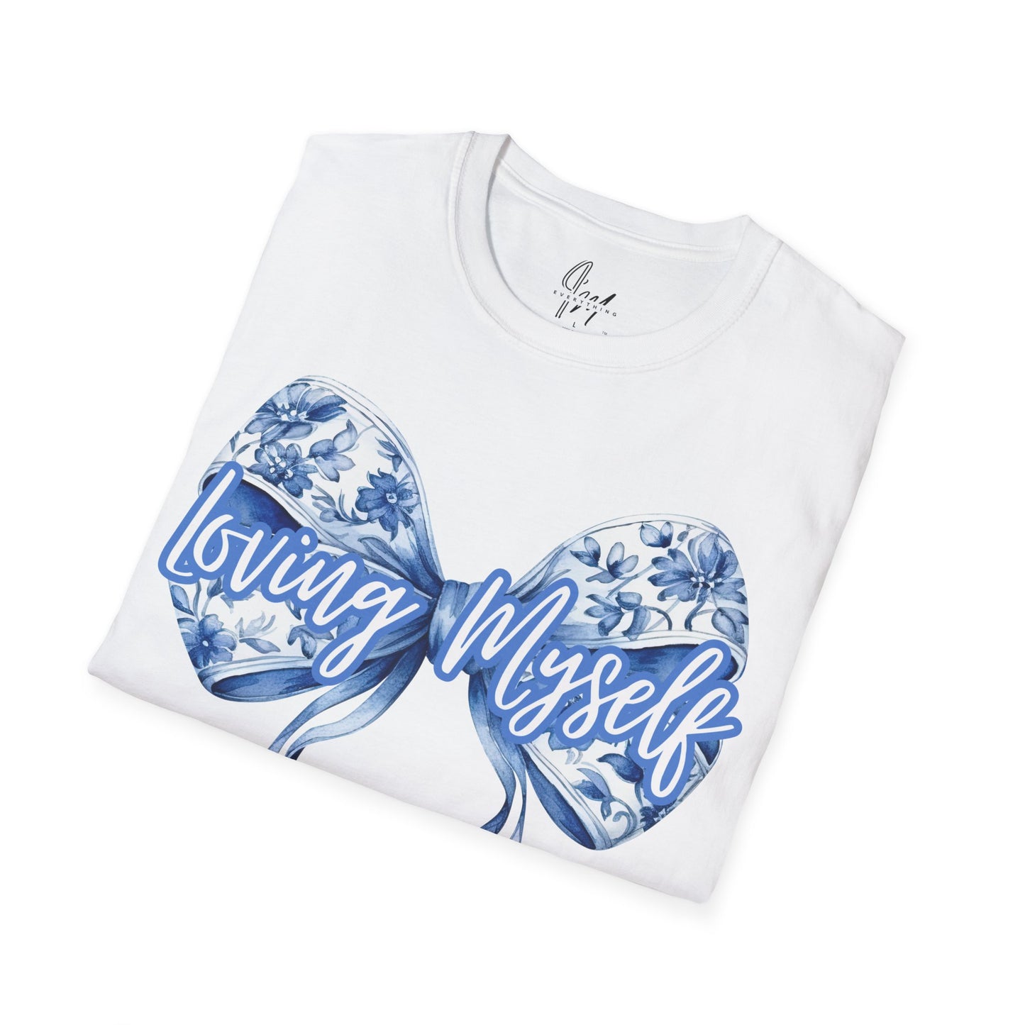 Loving Myself T-shirt featuring a blue floral bow and bold script text, perfect for promoting self love and mental health awareness in women's fashion.