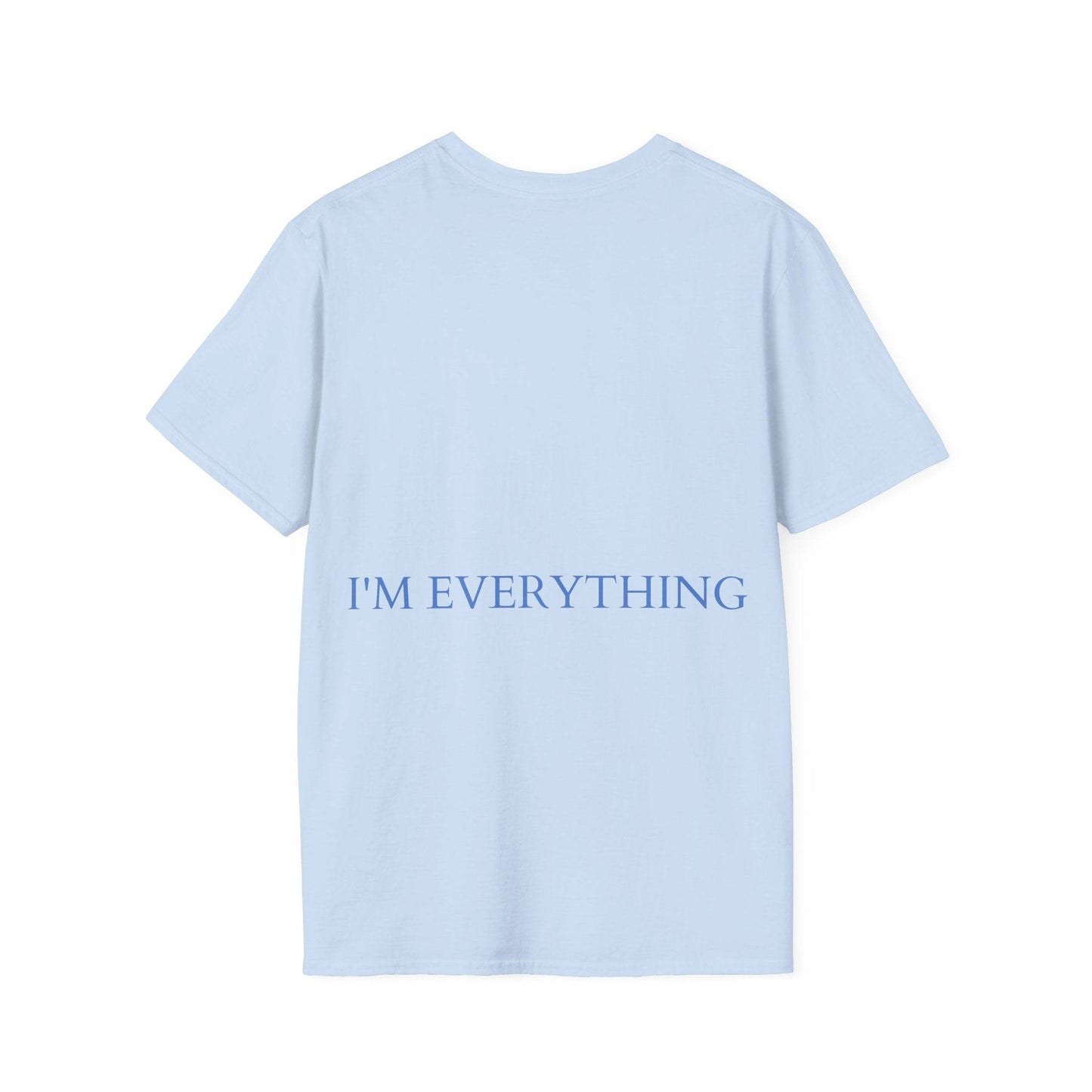 Light blue 'Loving Myself' T-shirt with 'I'M EVERYTHING' printed in bold blue text on the back, promoting self-love and mental health awareness.