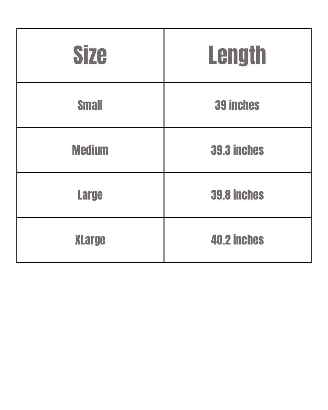 Size chart for grey sweat pants showing lengths: Small 39 in, Medium 39.3 in, Large 39.8 in, XLarge 40.2 in. Ideal for lounge wear fit.