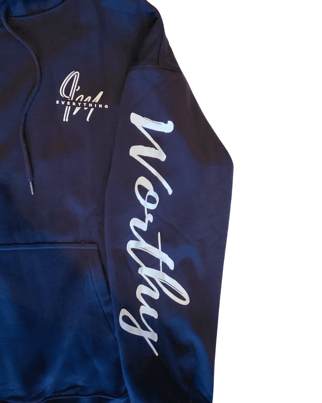I'm Worthy hoodie in navy blue with 'Worthy' printed on the sleeve and '4 Everything' logo on the chest, promoting self-empowerment and confidence.