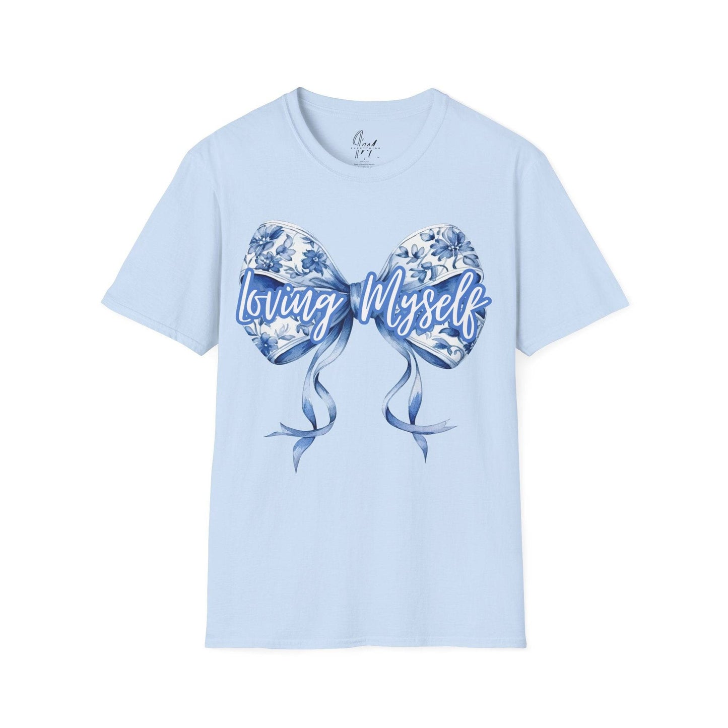 Loving Myself T-shirt in light blue with floral bow graphic and self-love message. Perfect cotton crew neck for summer and mental health awareness.